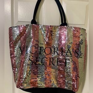 Victoria's Secret Sequin Large Tote Bag - Pink & Silver Sequins With Logo